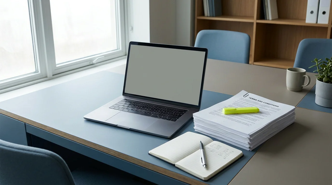 Schreibtisch mit offenem Laptop, daneben ein Stapel gedruckter Bonusbedingungen und ein Taschenrechner, der durch ein Notizbuch mit handschriftlichen Notizen ersetzt ist