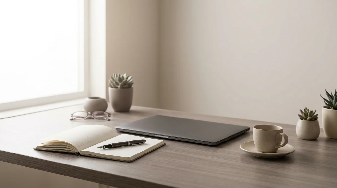 Aufgeräumter Arbeitsplatz mit Laptop, Notizblock und einer Tasse Kaffee bei Morgenlicht