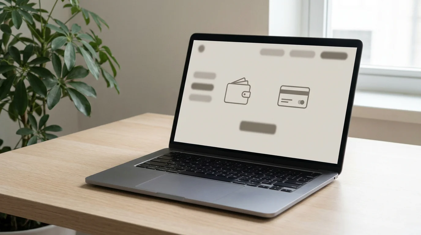 Laptop-Bildschirm mit geöffneter Kasse eines Online-Casinos und Zahlungsmethoden im Auswahlmenü