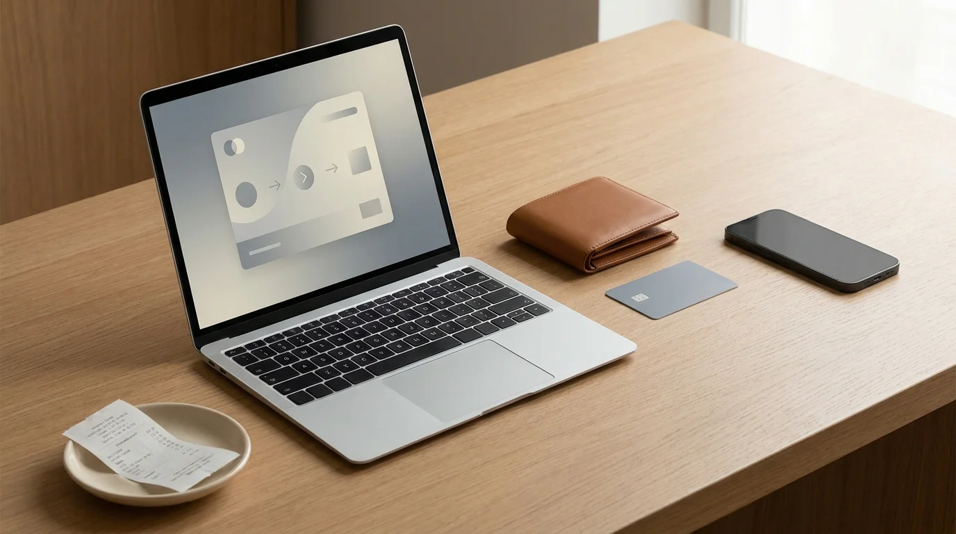 Neutrales Zahlungssymbol auf einem Laptopbildschirm neben Portemonnaie und Karte