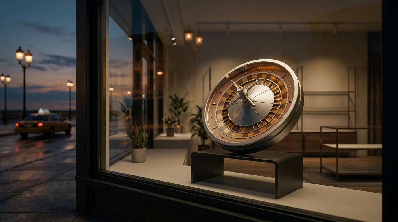 Runde Roulette-Kessel-Optik im Schaufenster einer geschlossenen deutschen Spielbank