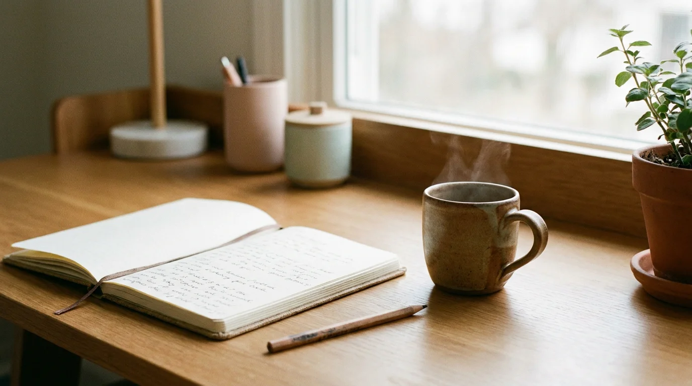 Ruhiger Arbeitsplatz mit Tasse Tee und geöffnetem Notizbuch für ein persönliches Selbstlimit