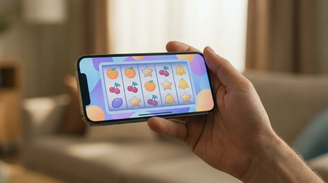 Smartphone mit generischem Slot-Spiel auf dem Display für eine 15-Euro-Bankroll
