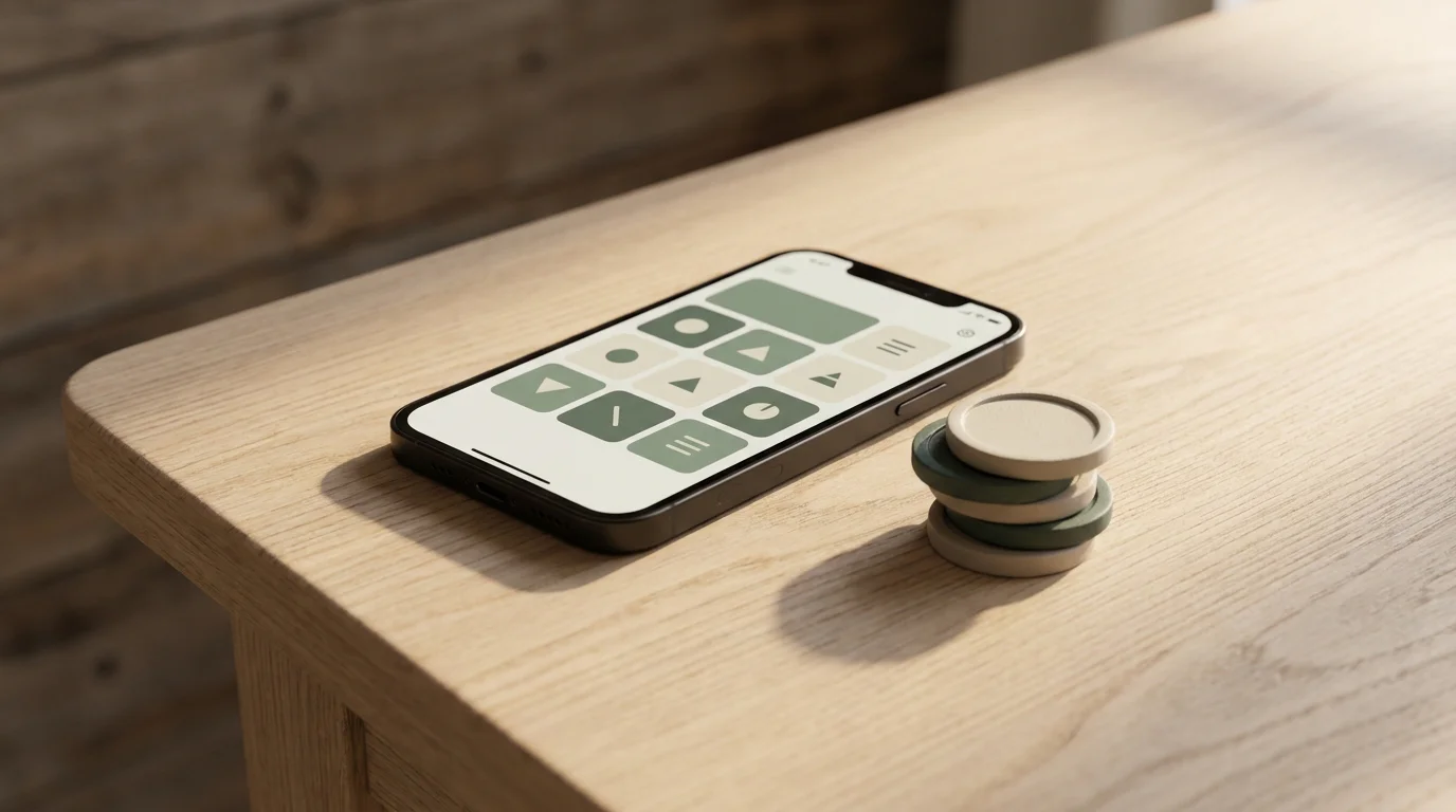 Smartphone mit abstrakter Slot-App und stapelbaren Spiel-Chips auf einem Tisch
