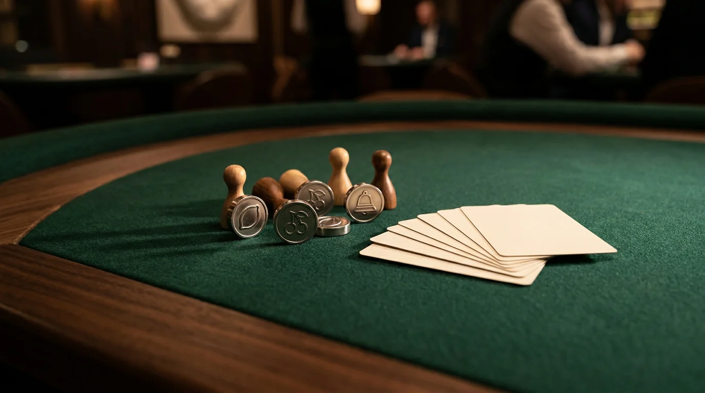 Ruhige Spieltisch-Szene ohne Marken mit Symbolen für Walzenspiele und Kartenspiele