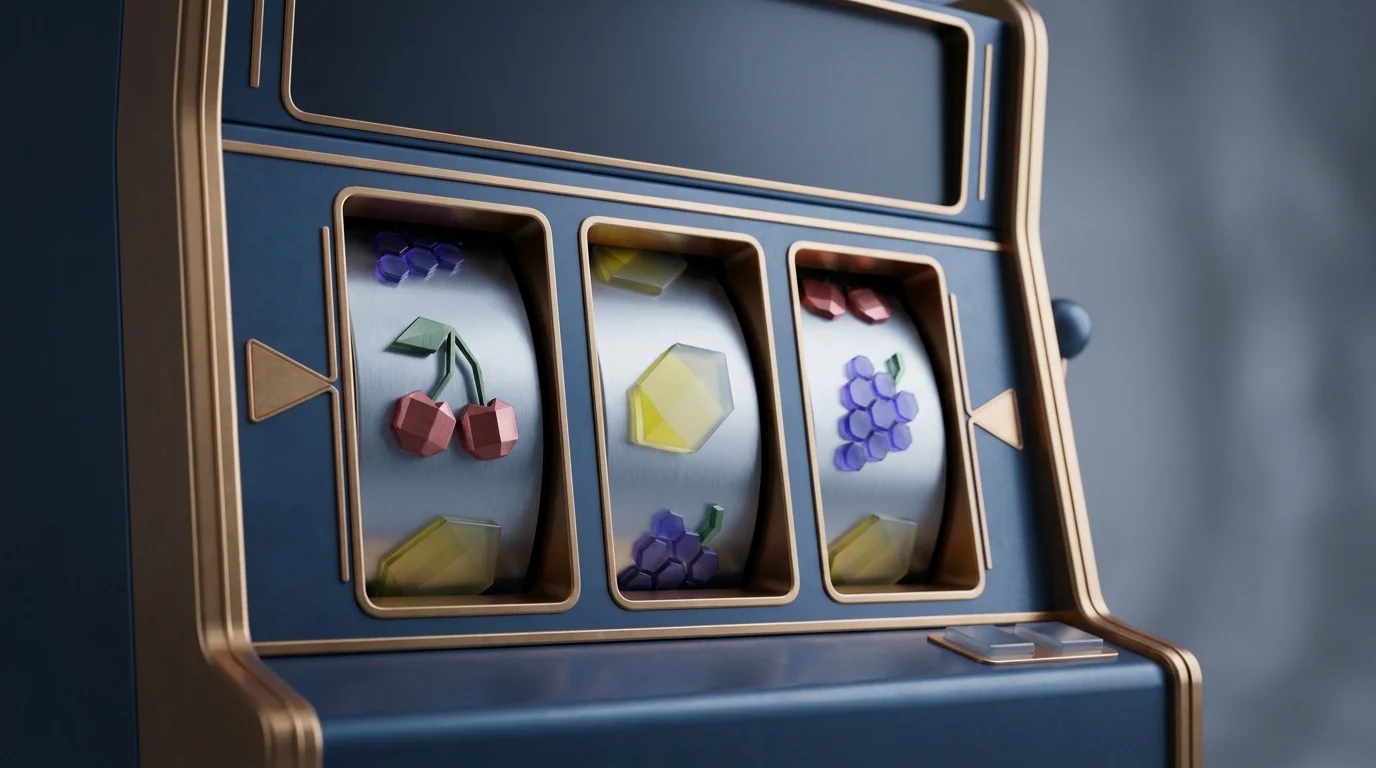 Spielautomat in Großaufnahme mit Walzen und Scatter-Symbolen, neutraler Hintergrund, kein erkennbares Spiel oder Markenname