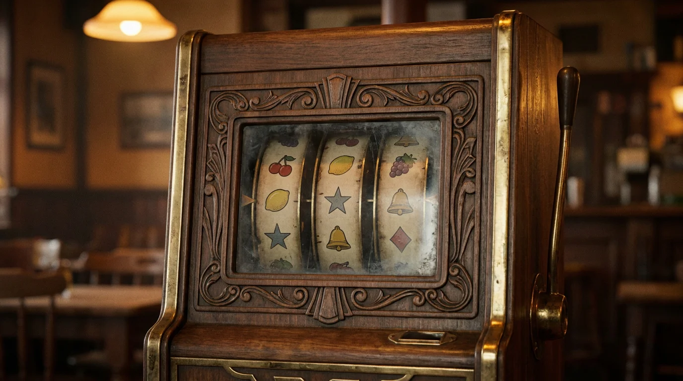 Klassischer Spielautomat aus Holz und Messing mit generischen Fruchtsymbolen hinter der Glasscheibe