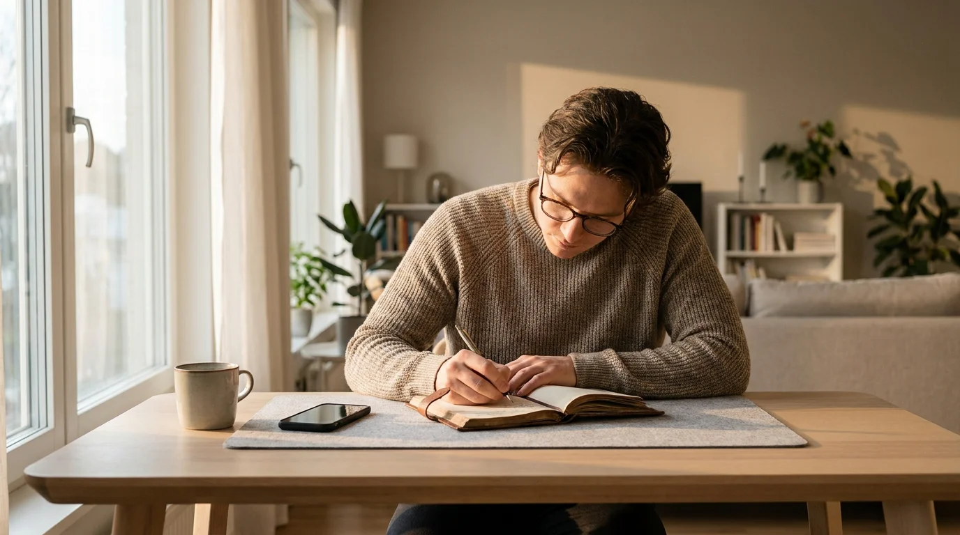 Person an aufgeräumtem Schreibtisch mit offenem Notizbuch und neutralem Bildschirm, Fokus auf ruhige Planung