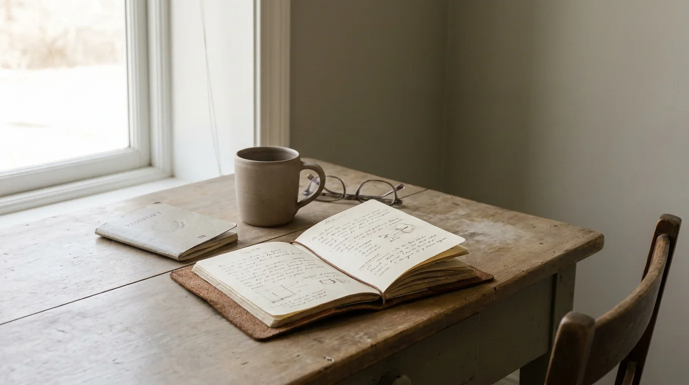 Stille Schreibtischszene mit aufgeschlagenem Notizbuch, einem Ausweisdokument und einer Tasse, kein Geld sichtbar