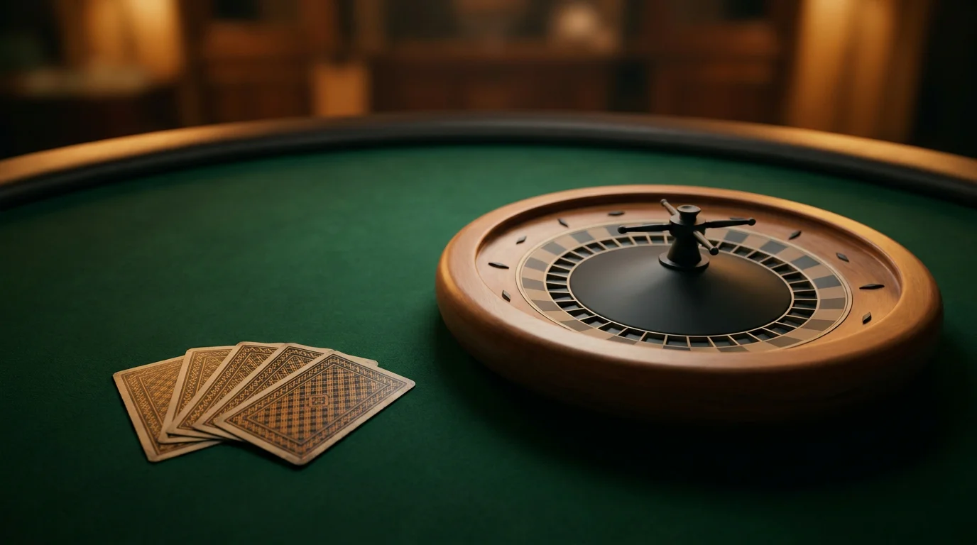 Rouletterad und Karten auf einem ruhig ausgeleuchteten Studiotisch ohne Croupier