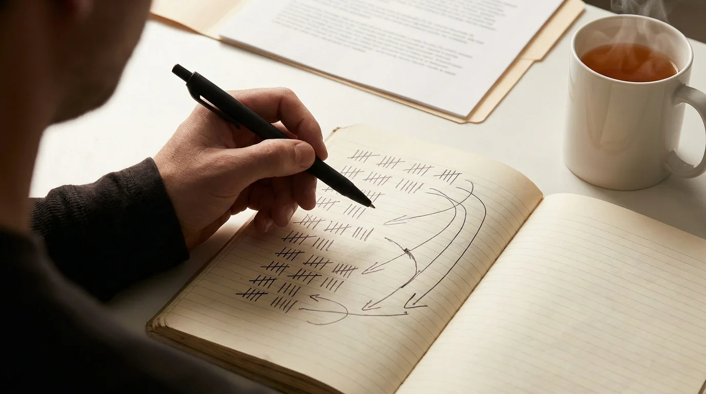 Person am Schreibtisch mit Notizblock und Stift beim Nachrechnen von Umsatzbedingungen