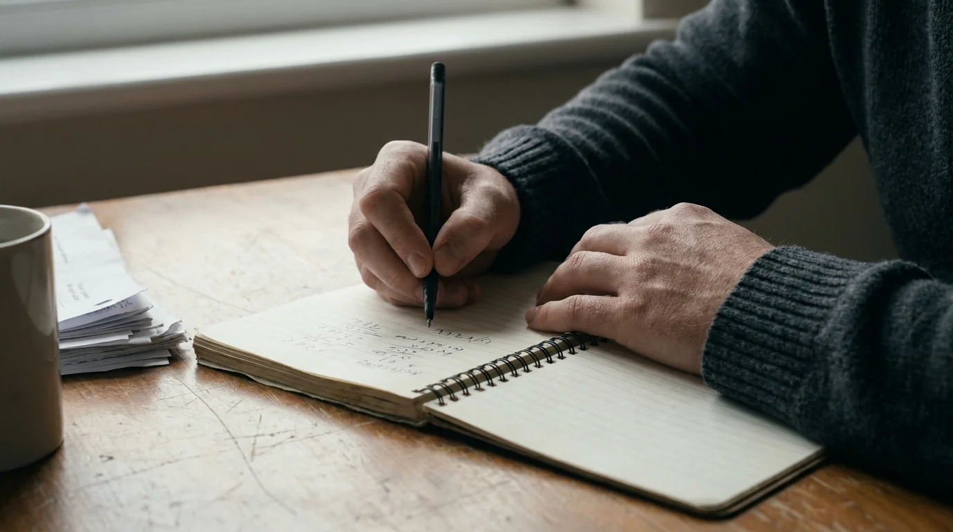 Person mit Kugelschreiber und Notizbuch rechnet Bonusbedingungen durch