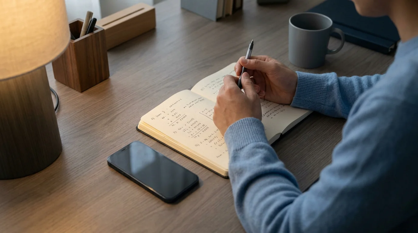 Person am Schreibtisch mit Notizblock und Stift rechnet Umsatzbedingungen durch