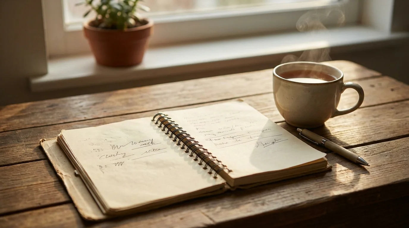 Ein aufgeschlagenes Notizbuch mit selbst eingetragenem monatlichem Einzahlungslimit neben einer Tasse Kaffee