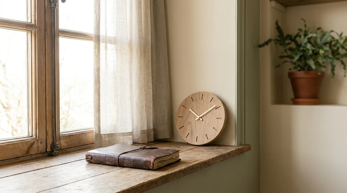 Ruhiges Fenster in einer Wohnung mit einem geschlossenen Notizbuch und einer stillen Uhr auf dem Tisch