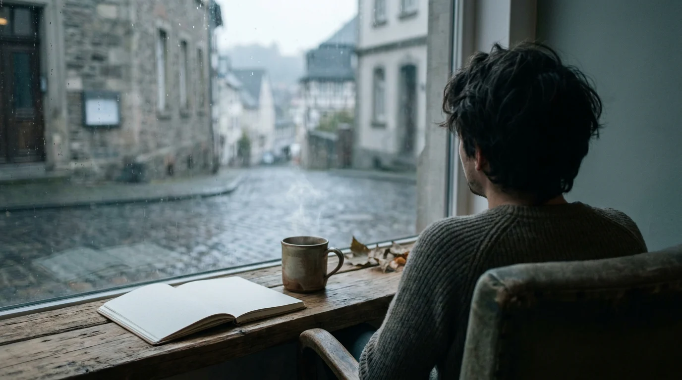 Ruhige Szene am Fenster mit Teetasse und Notizbuch als Symbol für bewusstes Spielverhalten