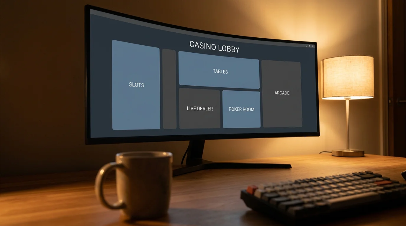 Übersicht einer Curaçao-Casino-Lobby auf einem Bildschirm mit Spielkategorien am Abend