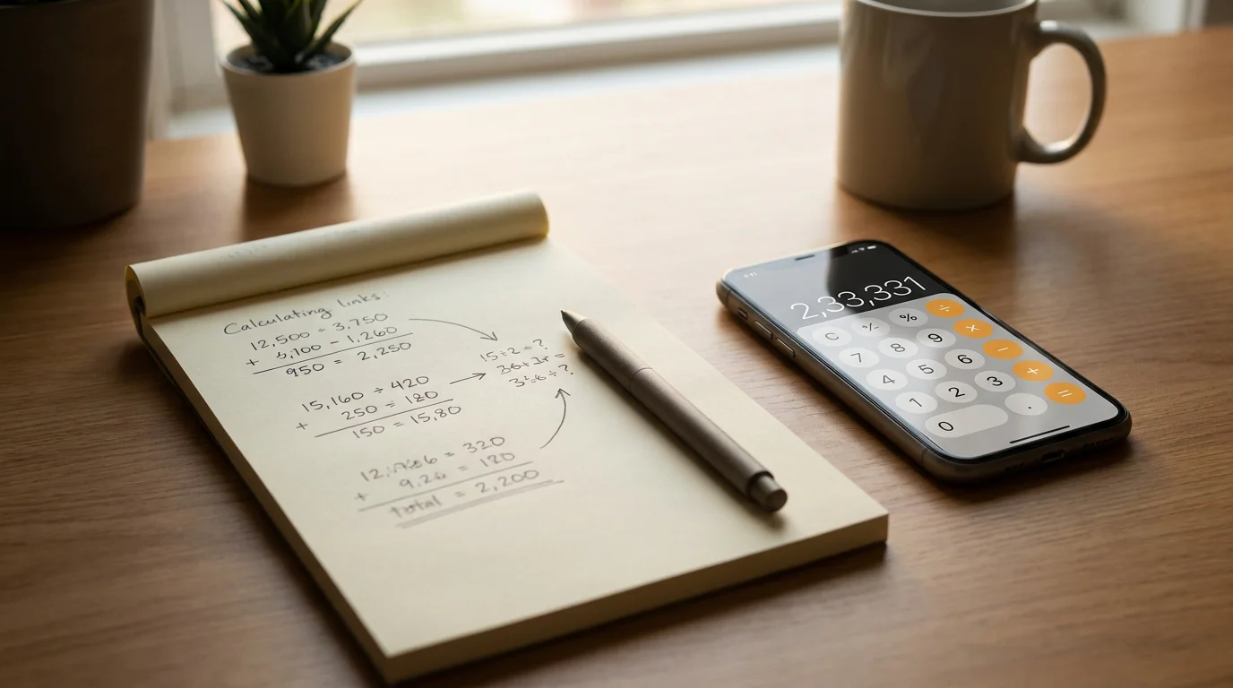 Notizblock mit handschriftlichen Berechnungen und Smartphone