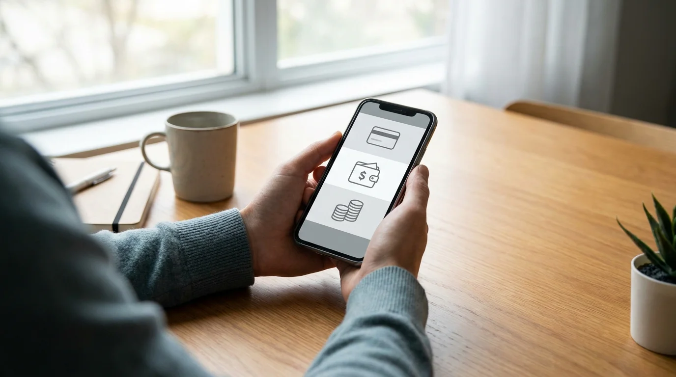 Aneinandergereihte Zahlungsoptionen als neutrale Icons auf einem Smartphone-Bildschirm, kein erkennbares Banklogo, kein E-Wallet-Logo