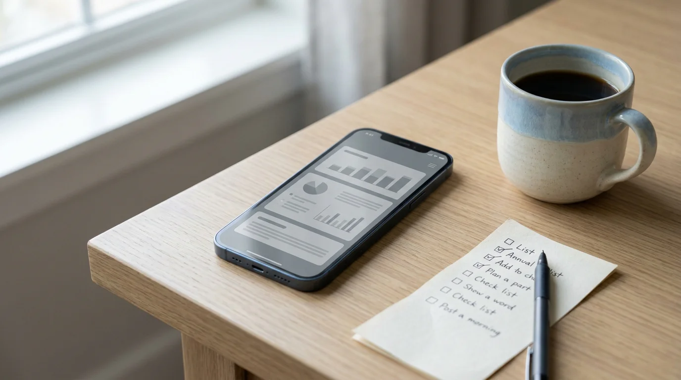 Smartphone mit neutraler Banking-Ansicht neben Kaffeetasse und Notizzettel auf hellem Schreibtisch