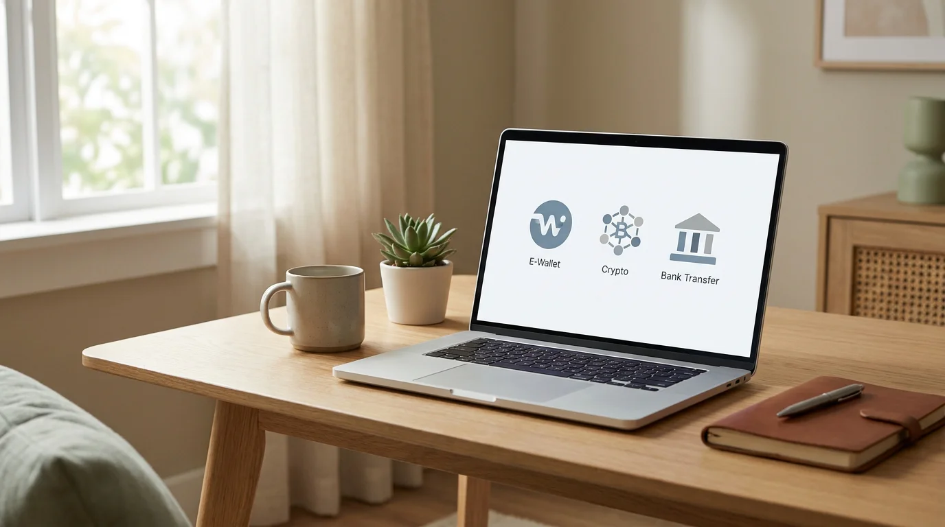 Desktop mit verschiedenen Zahlungssymbolen für E-Wallets, Krypto und Banktransfer auf neutralem Interface