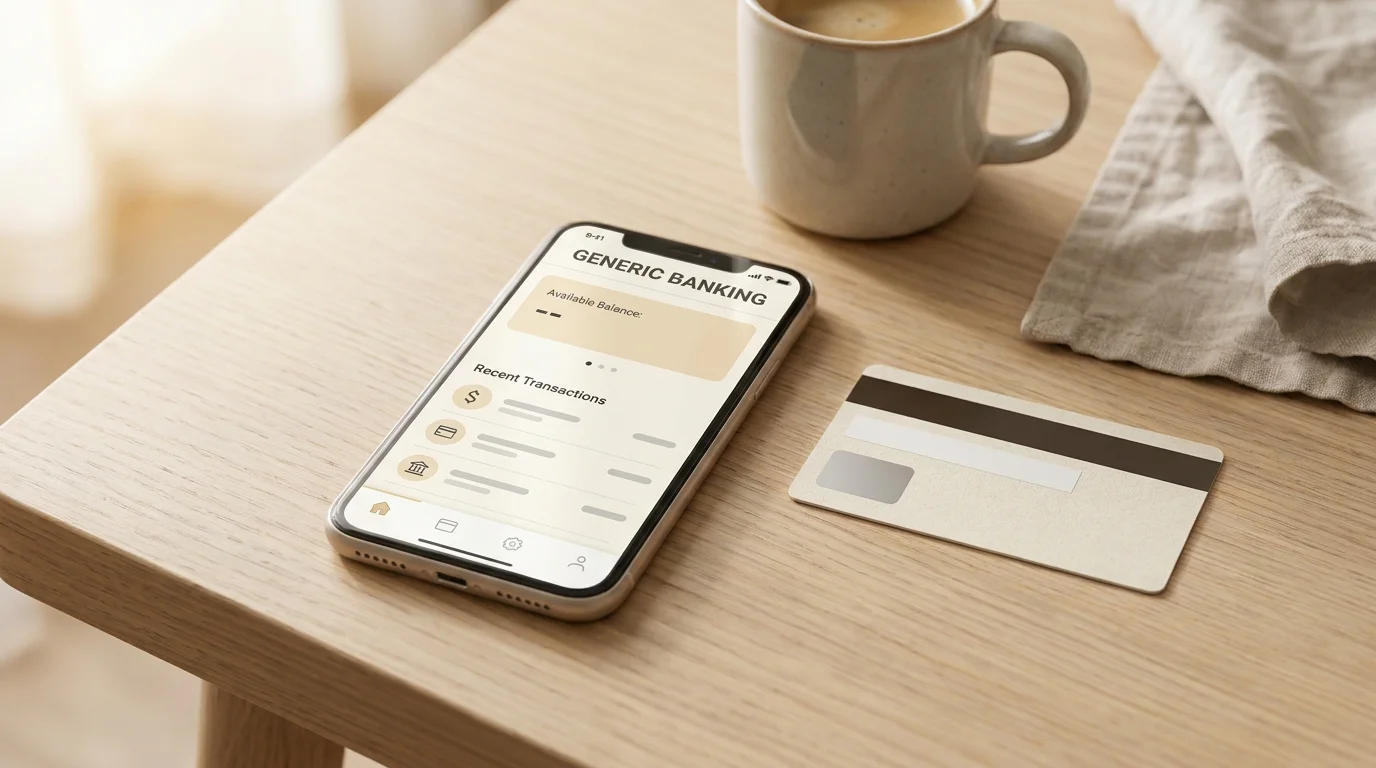 Smartphone mit neutraler Banking-App und Prepaid-Karte auf einem Schreibtisch