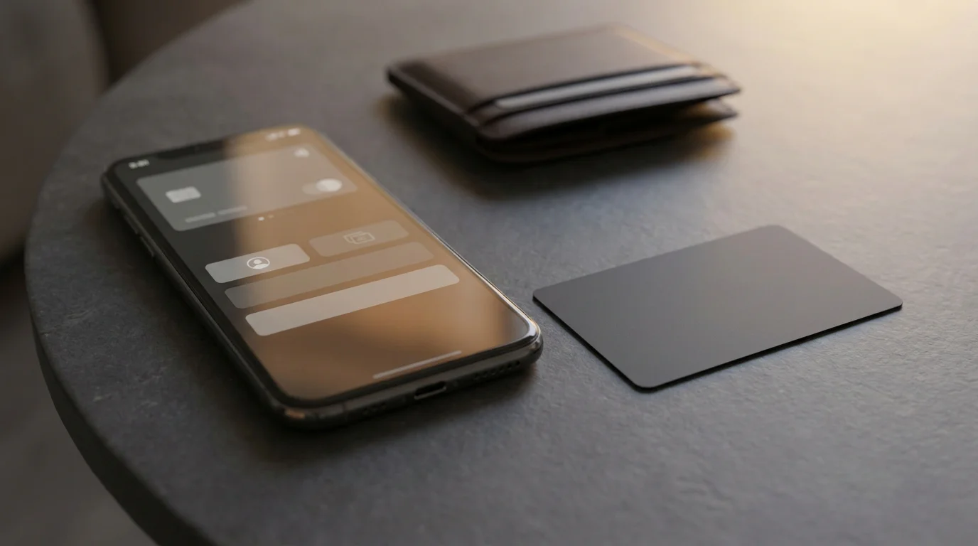 Smartphone mit geöffneter Zahlungsauswahl und neutraler Bank-App-Ansicht auf einem Tisch