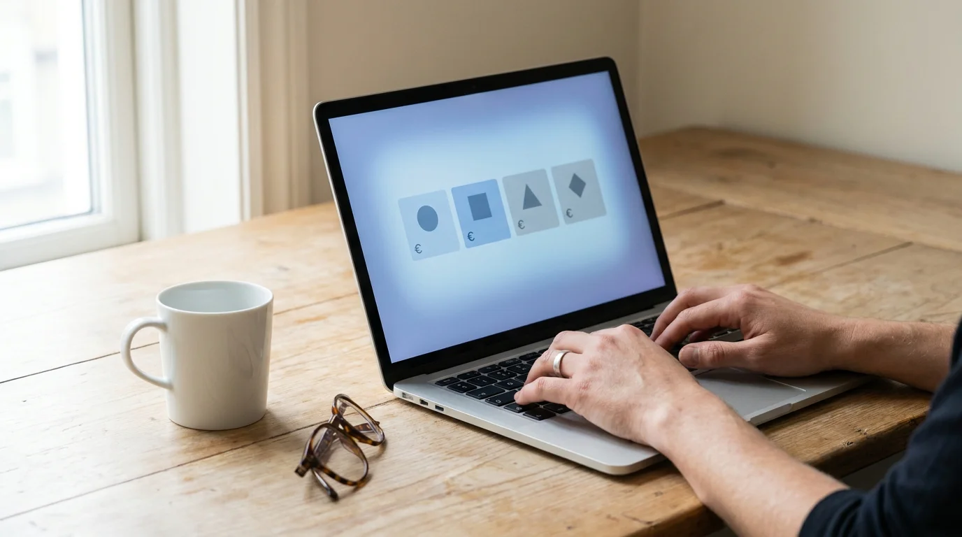 Person am Laptop wählt zwischen generischen Zahlungssymbolen mit Euro-Zeichen