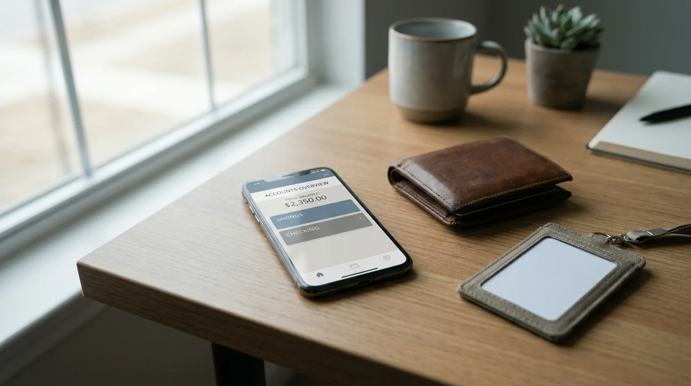 Smartphone mit einer neutralen Banking-App-Ansicht neben einer Brieftasche und einem Ausweis auf einem Tisch