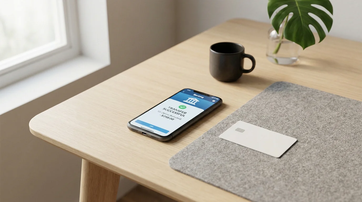 Aufgeräumter Schreibtisch mit Smartphone und Banking-App-Übersicht neben einer schlichten Karte